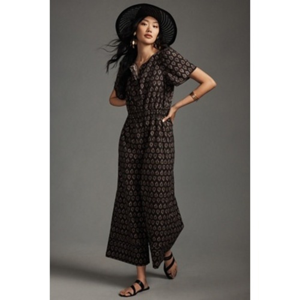 Anthropologie Somerset Jumpsuit Medium Black Geometric Block Print Wide Leg Crop